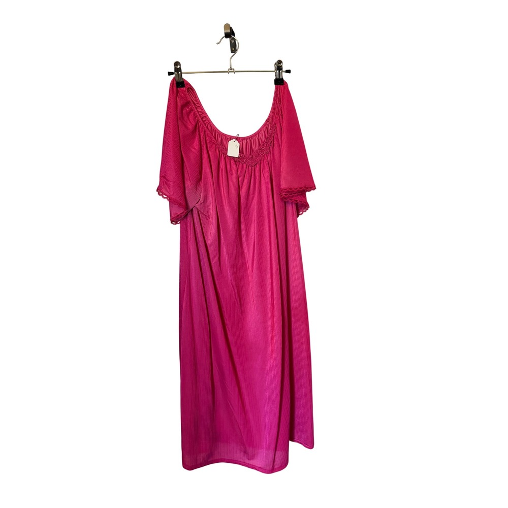 Vintage Magenta Pink Lace Trim Nightgown Short Flutter Sleeve Sleepwear Dress